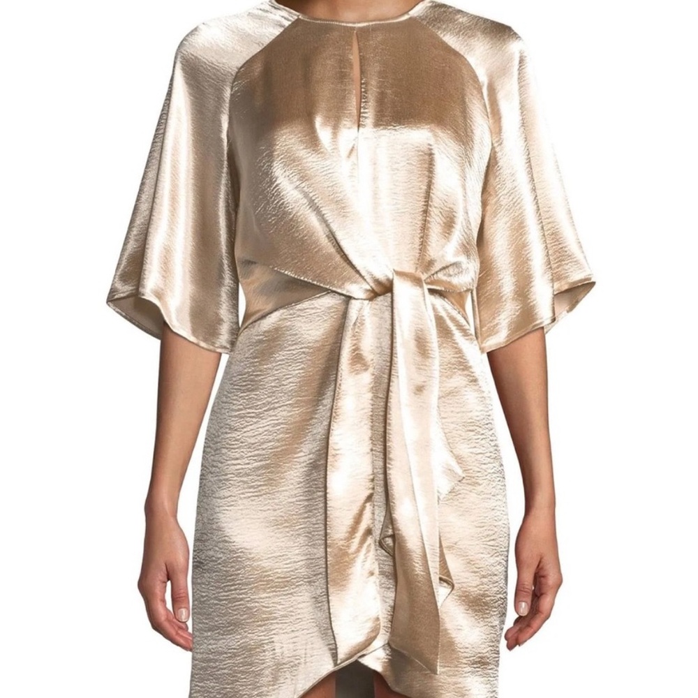 Laundry by Shelli Segal Gold Satin Wrap Dress 8 Wedding Guest Holiday Party